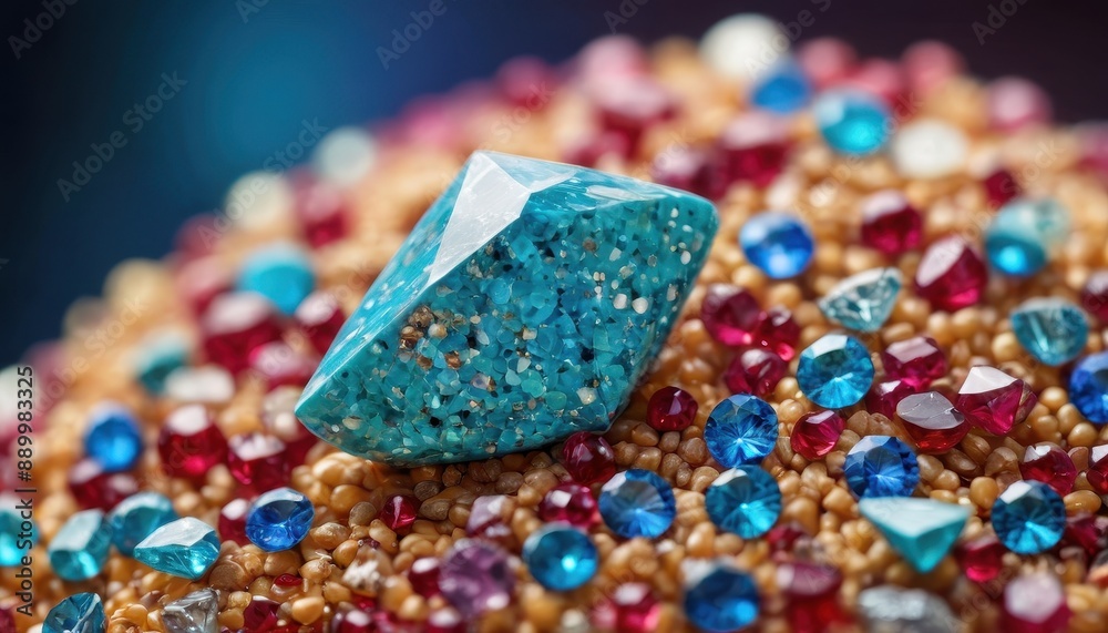 Wall mural blue gemstone on a bed of jewels.