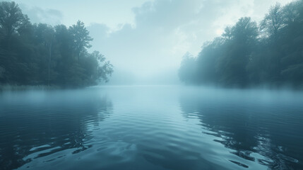 Fototapeta premium Serene Morning: Thick White Mist Swirls Over a Calm Lake