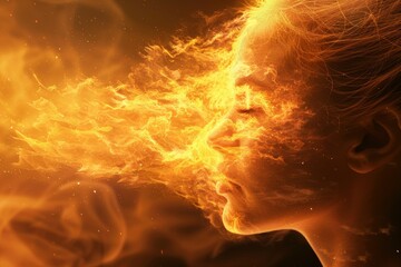 Fiery woman face in a dynamic surreal digital illustration