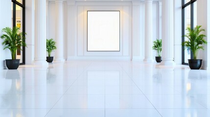Fototapeta premium Modern bright white gallery or hallway with large blank framed artwork, potted plants, marble floor, natural light, minimalist interior.