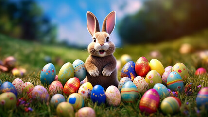 Happy bunny with many easter eggs on grass festive background for decorative design, Generative AI.