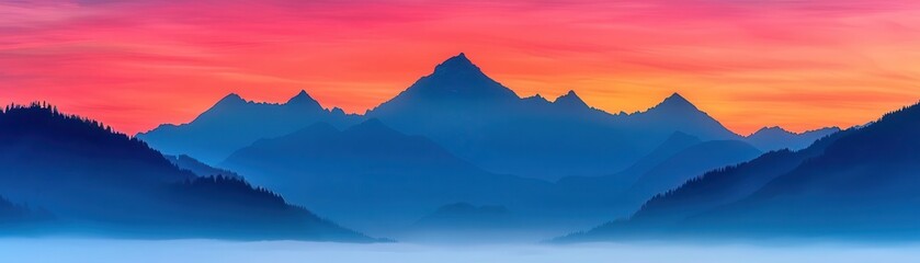 Obraz premium Stunning multicolored sunset over mountain range, with dreamy mist covering the valleys. A perfect display of nature's beauty and serenity.