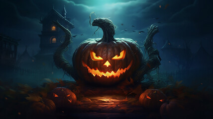 Halloween wallpaper with evil pumpkin, Generative AI.