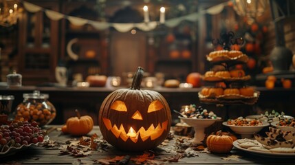 Trick or treat party and Pumpkin Jack-O-Lantern surrounded by halloween decor. Halloween Day and Pumpkin Day Concept