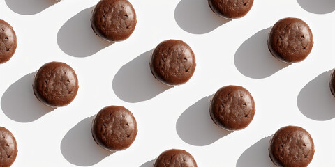 A background of chocolate soufflé, each with its shadow, scattered across the canvas in an elegant display, with soft shadows on a white background