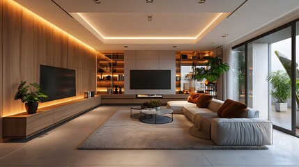 Modern Minimalist Living Room with Smart Home Devices and Elegant Interior Design