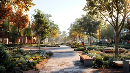 Fototapeta premium Vibrant Public Park with Lush Greenery and Brick Pathways for Community Engagement