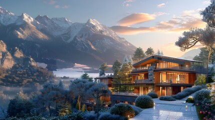 Fototapeta premium Luxury Alpine Villa Blueprint with Breathtaking Mountain Landscape