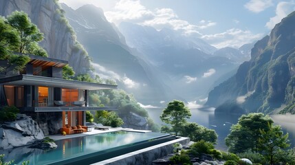 Luxury Mountain Villa Blueprint with 3D Model and Scenic Landscape