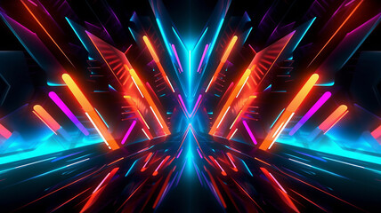 illustration futuristic with neon colors and turquoise shades on a black background, Generative AI.