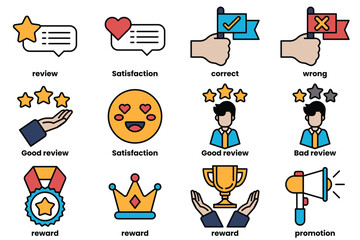 Fototapeta premium Set of icons in line style in the concept About the business and reviews