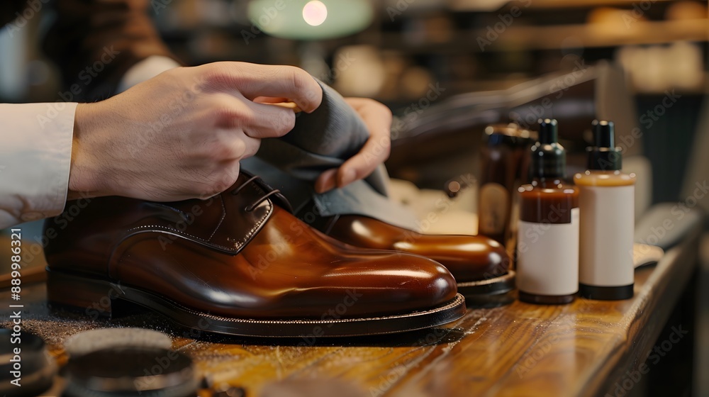 Wall mural Polishing Shoes: Hands polishing a pair of leather shoes with a cloth and shoe polish, with shoe care products on the side.
