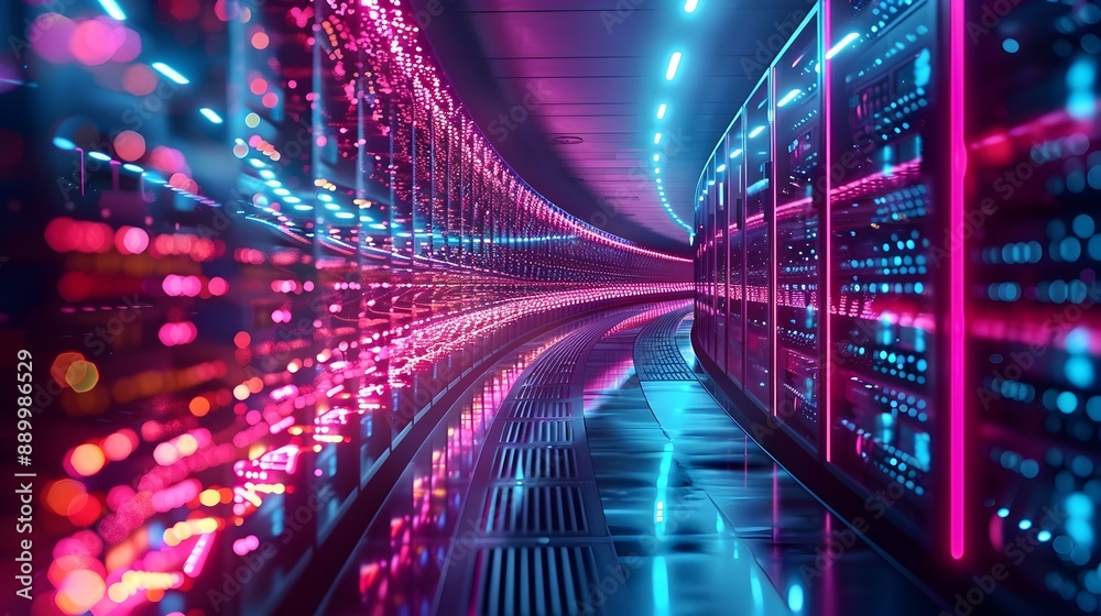 Poster sleek data center with glowing servers and vibrant light trails representing cloud computing and dat