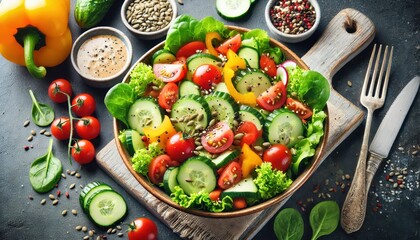 Fresh Green Salad with Cucumber, Tomatoes, and Bell Pepper.