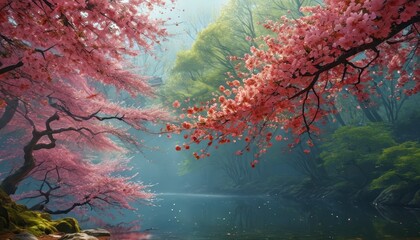 Misty Forest with Pink Blossoms and a River.