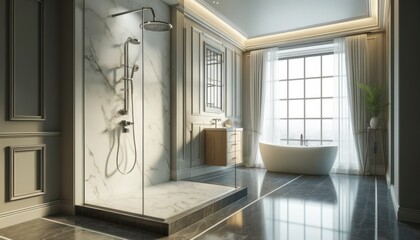 Modern Bathroom Interior Design with Walk-In Shower and Bathtub.
