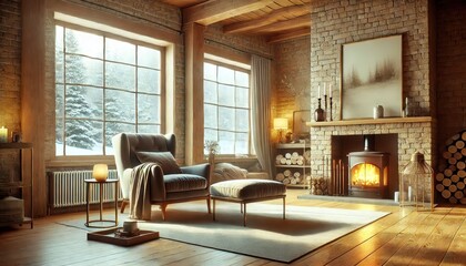 Fototapeta premium Cozy Cabin Interior with Fireplace and Snowy View.