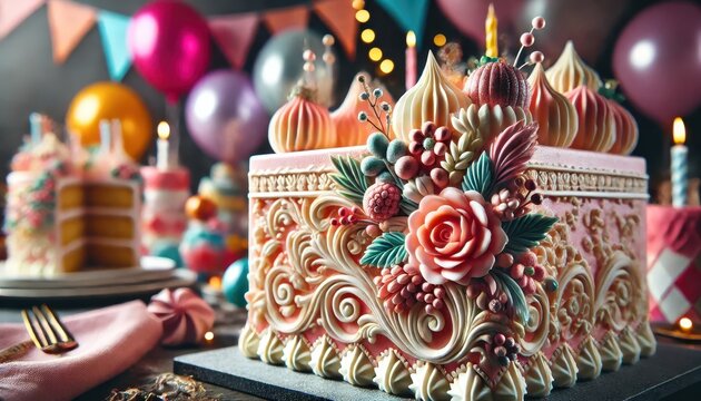 Ornate Birthday Cake with Flowers and Balloons.