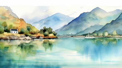 illustration of beautiful landscape with mountains and lakes in watercolor, aquarelle look, Generative AI.