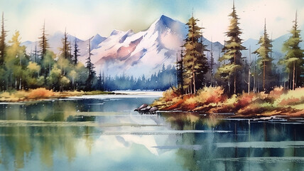 illustration of beautiful landscape with mountains and lakes in watercolor, aquarelle look, Generative AI.