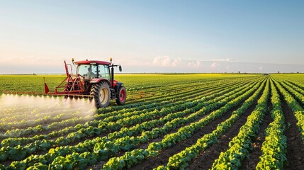Obraz premium A tractor spraying crops with water in a large field, ensuring even coverage and healthy plants