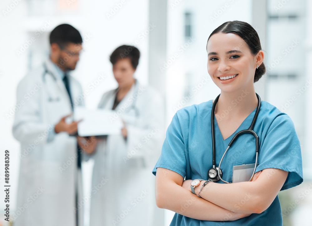 Poster Arms crossed, healthcare and portrait of nurse in hospital for cardiology or medicine with stethoscope. Consulting, medical and uniform with happy professional med student in clinic for treatment