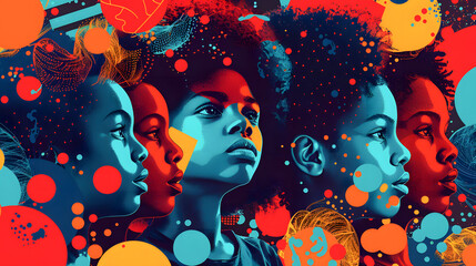 Dramatic Illustration of African American children with colorful background elements.