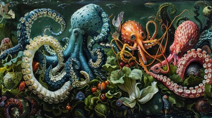 Naklejka premium Food Chain: The direct sequence of organisms in which each one derives energy and nutrients by consuming the preceding link in the chain. 