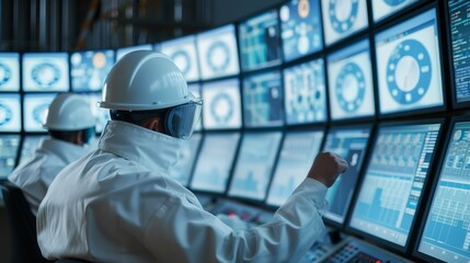 AI-controlled nuclear reactor, holographic interfaces displaying real-time data, engineers in a control room managing energy output