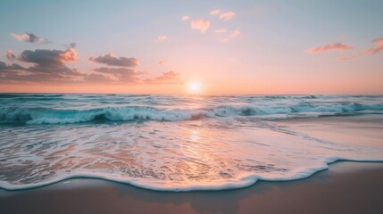 Naklejka premium A tranquil beach at sunrise, with soft waves lapping the shore and the sky painted in warm hues