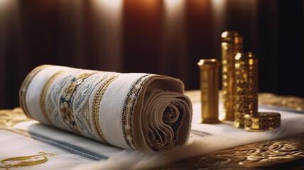 jewish orthodox holidays, during prayer items prayer shawl tallit with torah scroll in a synagogue, Generative AI.