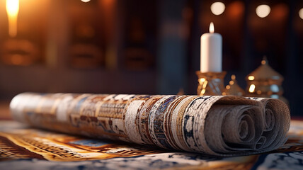 jewish orthodox holidays, during prayer items prayer shawl tallit with torah scroll in a synagogue, Generative AI.