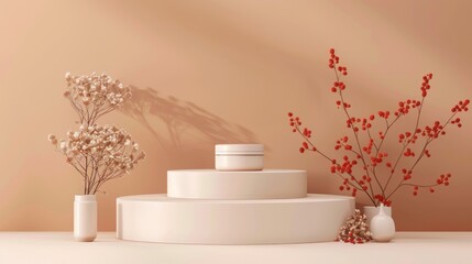 Product podium in autumn warm colors for product presentation. Mockup for branding, packaging