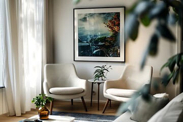 Harmonious blend of comfort and style, featuring two arm chairs in a modern living room setting a prominent framed poster on a white wall.