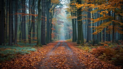 Fototapeta premium A tranquil forest path covered in fallen leaves, inviting a peaceful walk under the canopy of tall trees