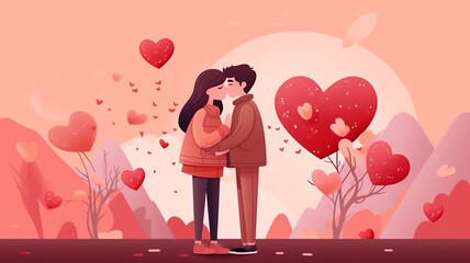 lovers couple kissing, happy valentine, cartoon character illustration, Generative AI.