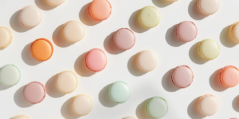 Obraz premium A background of macarons, each with its shadow, scattered across the canvas in an elegant display, with soft shadows on a white background