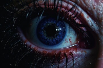 Close-up of a blue eye with a haunting gaze in dark lighting