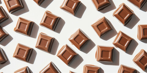 A background of milk chocolate squares, each with its shadow, scattered across the canvas in an elegant display, with soft shadows on a white background