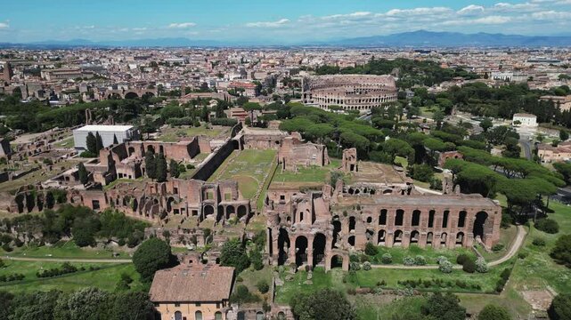 Rome , Italy - may 2 2024 Drone Shot flying away from Palatine Hill, Ancient Roman Colosseum
