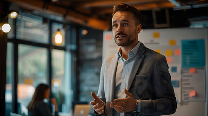 Fototapeta premium businessman giving a presentation in a modern office, clean and engaging,