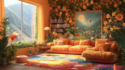 70s flower power interior living room design with flower wallpaper