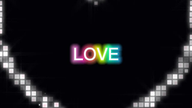 Love, letter of love, coloured text, glowing text, romantic, animated text, neon glow tetters of LOVE, heart shape animated video