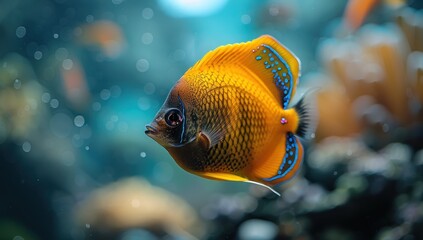 Naklejka premium Yellow Fish with Blue Stripes Swimming Through Clear Water