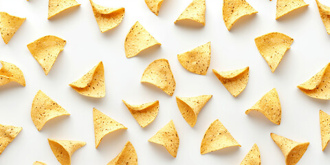 Naklejka premium A background of nachos, each with its shadow, scattered across the canvas in an elegant display, with soft shadows on a white background
