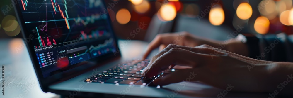 Poster a person's hands are shown typing on a laptop keyboard with a screen displaying complex data analysi