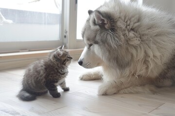 Adorable dog and cat enjoying playtime together  heartwarming interaction between puppy and kitten