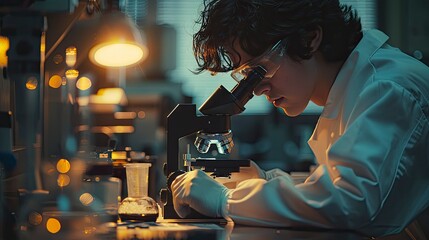 An electron microscope in a dimly lit lab, with a scientist adjusting the controls and examining the sample under high magnification.