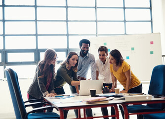 Presentation, people and laptop in office for business, project and planning or meeting. Collaboration, ceo and group in workplace or creative agency with diversity, technology and brainstorming idea