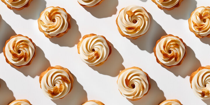 A background of Paris-Brest pastries, each with its shadow, scattered across the canvas in an elegant display, with soft shadows on a white background